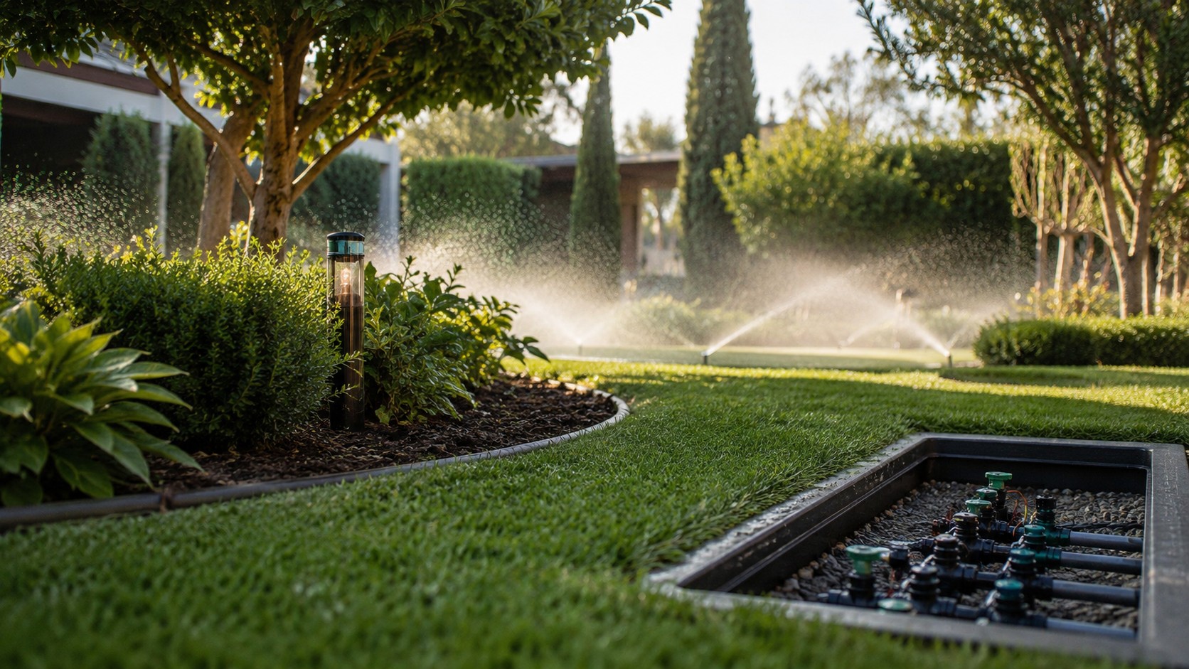 Bahçede çalışan otomatik sprinkler sulama sistemi